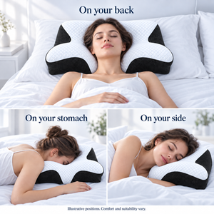 ERGONAX contoured pillow shown in multiple resting positions on a bright white bed.