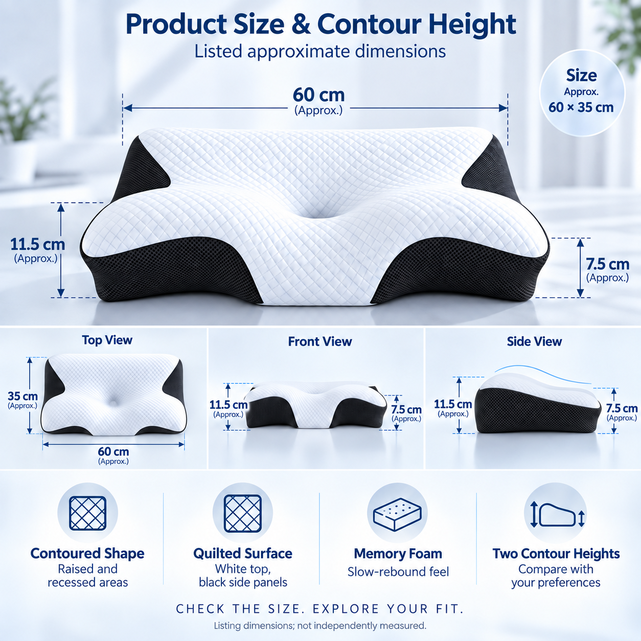 ERGONAX pillow size and contour height infographic showing approximate dimensions and profile views.