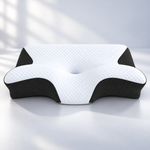 Front view of the ERGONAX contoured memory foam pillow with a white quilted surface and black side panels.