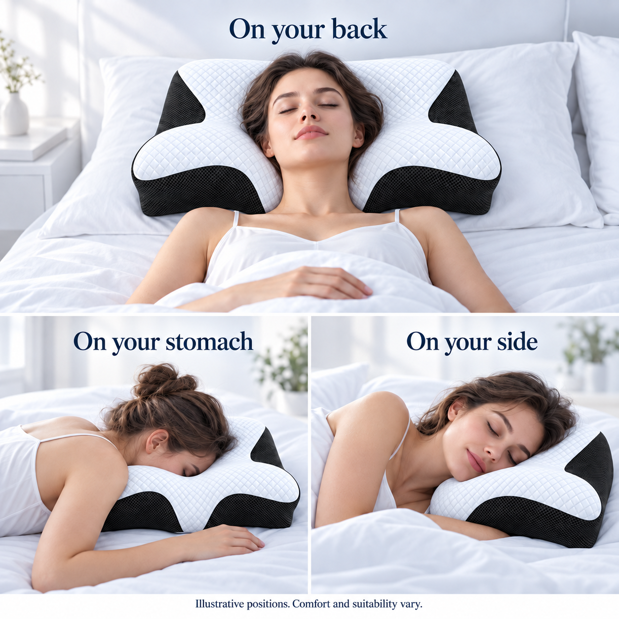 ERGONAX contoured pillow shown in multiple resting positions on a bright white bed.