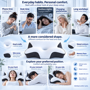 ERGONAX infographic showing everyday neck-comfort scenarios, contoured pillow design, and resting positions.
