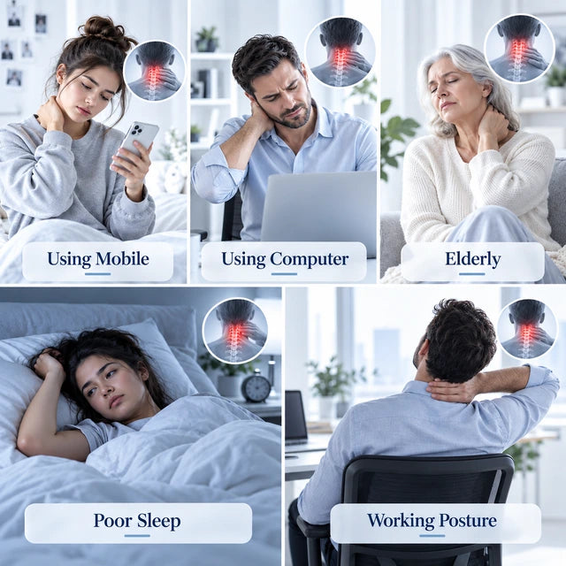 Illustrated everyday routines including phone use, computer work, rest and long periods of sitting.